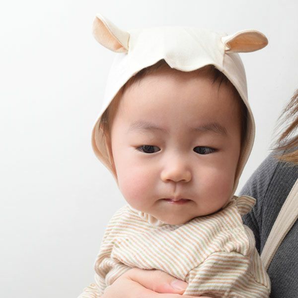 オーガニックコットン ベビー 耳付きキャップ アイボリー