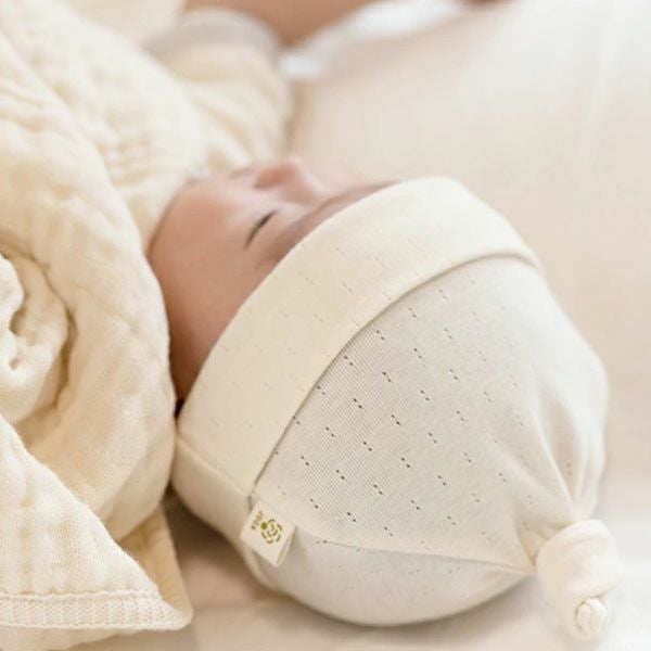 オーガニックコットン ベビー アイレット柄フライス結び帽 ナチュラル