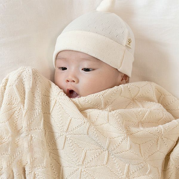 オーガニックコットン ベビー 麻の葉柄ニットアフガン ナチュラル 85×85