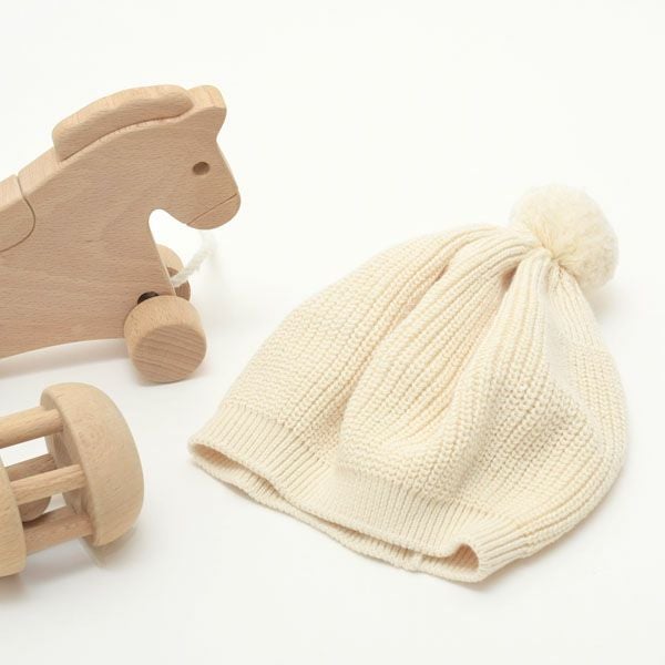 オーガニックコットン ベビー ポンポン付きベレー帽 ナチュラル