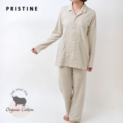 オーガニックコットン＆ヤク ボーダーエアニットパジャマ ナチュラルグレー M