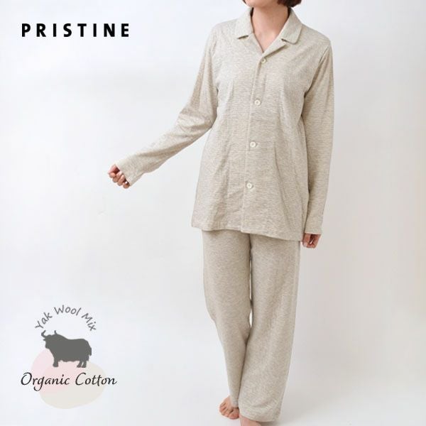 オーガニックコットン＆ヤク ボーダーエアニットパジャマ ナチュラルグレー M