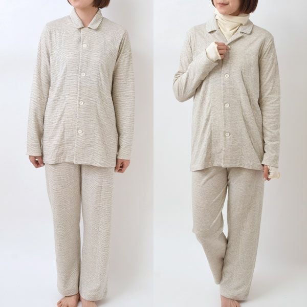 オーガニックコットン＆ヤク ボーダーエアニットパジャマ ナチュラルグレー M