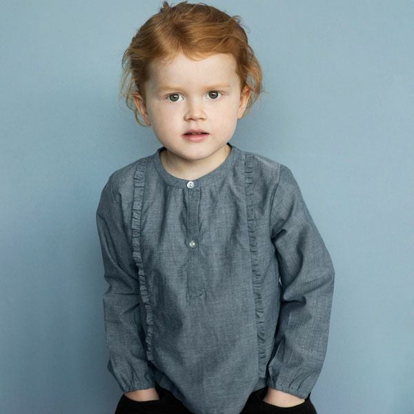 【SALE／50%OFF】オーガニックコットン ガールズ シャンブレーフリル付きシャツ(長袖)