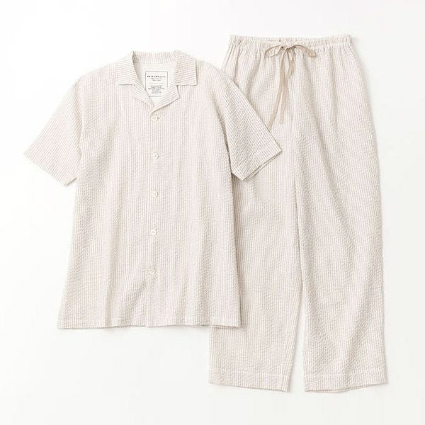 オーガニックコットン&リネン メンズサッカーストライプパジャマ(半袖)