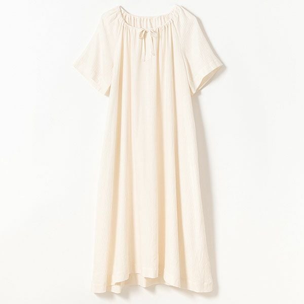 オーガニックコットン ヘリンボンギャザーネグリジェ(半袖) ナチュラル M