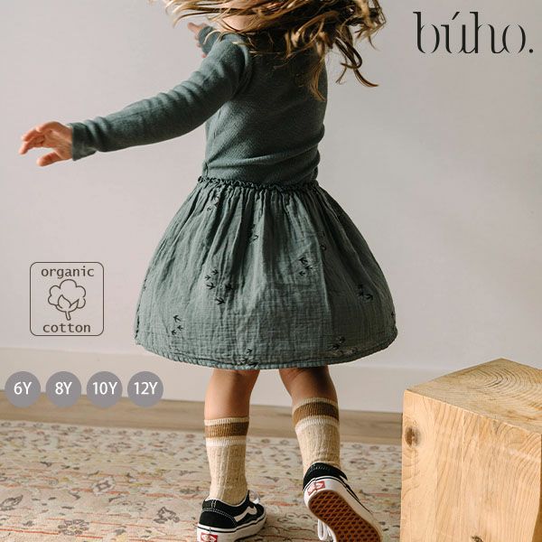 オーガニックコットン キッズ バードプリントコンビドレス(長袖)