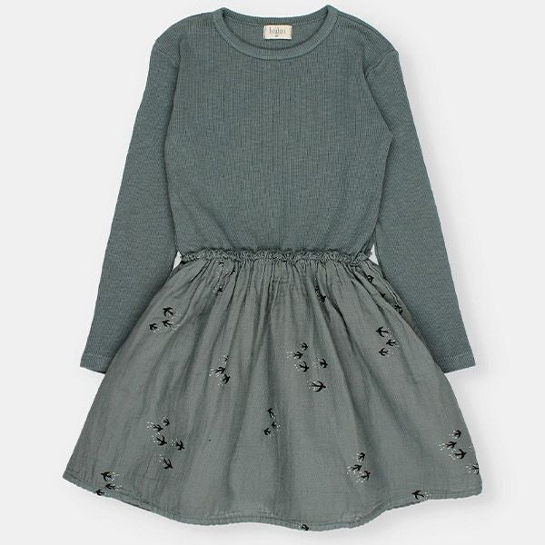オーガニックコットン キッズ バードプリントコンビドレス(長袖)