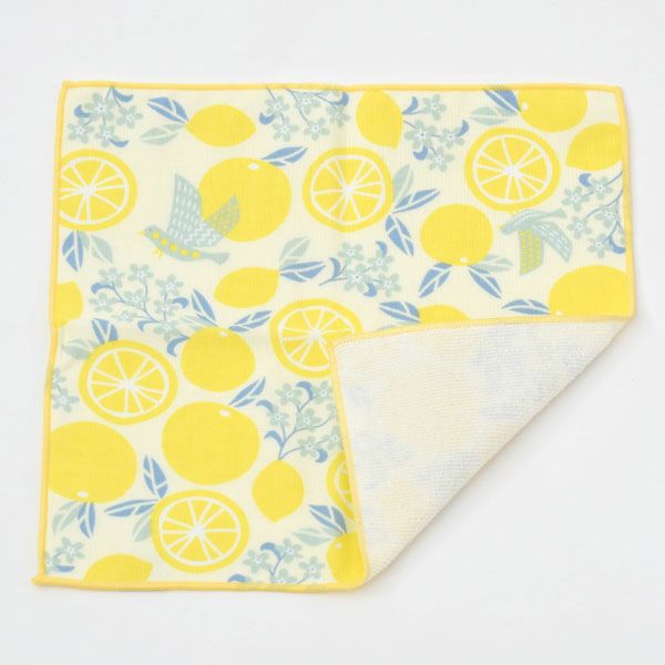 オーガニックコットン プリントミニタオル（ケース入り）鳥とオレンジ イエロー 25×25