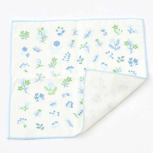オーガニックコットン プリントミニタオル（ケース入り）淡色小花 ブルー 25×25