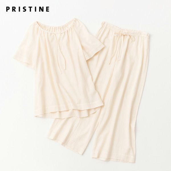 オーガニックコットン ヘリンボンギャザープルオーバーセット(半袖) ナチュラル M