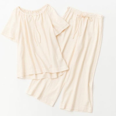 オーガニックコットン ヘリンボンギャザープルオーバーセット(半袖) ナチュラル M