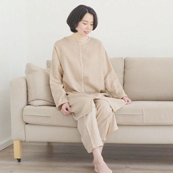 オーガニックコットン ダブルガーゼのワンピースパジャマ上下セット茶