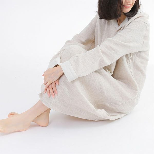 オーガニックコットン＆ヤク 綾ダブルガーゼ前開きワンピース ナチュラルグレー M