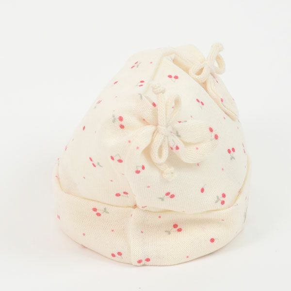 オーガニックコットン ベビー吊天竺2つ結び帽子 さくらんぼ
