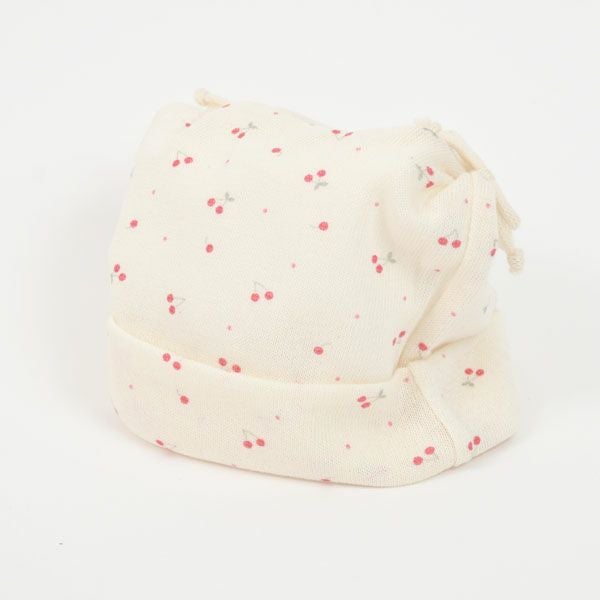 オーガニックコットン ベビー吊天竺2つ結び帽子 さくらんぼ