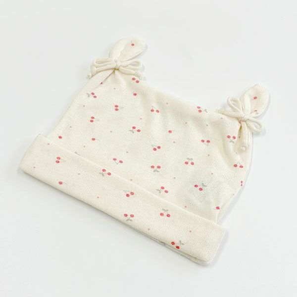 オーガニックコットン ベビー吊天竺2つ結び帽子 さくらんぼ