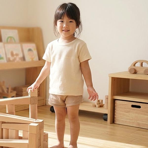 オーガニックコットン キッズワッフル切替半袖Tシャツ