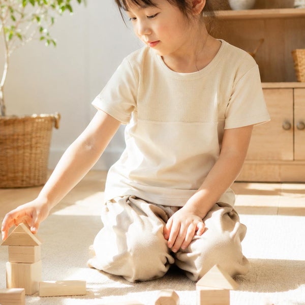 オーガニックコットン キッズワッフル切替半袖Tシャツ