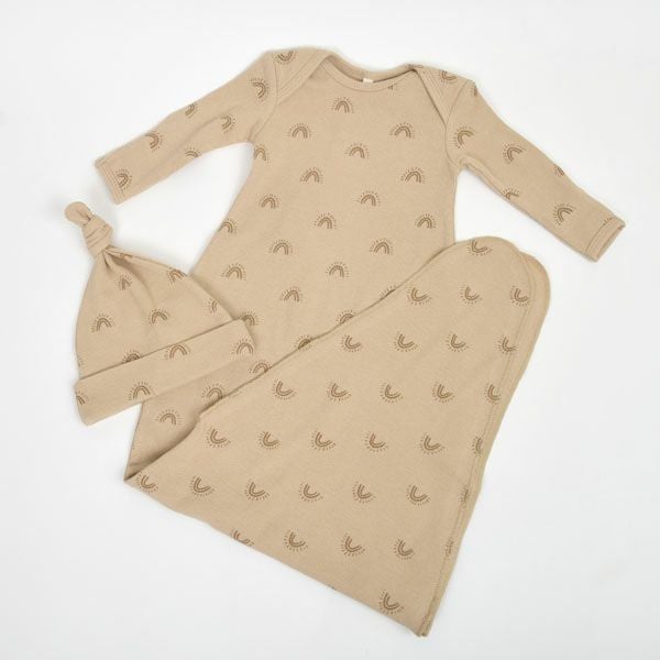 オーガニックコットン ベビー結びガウン＆帽子