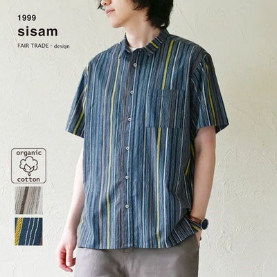 オーガニックコットン メンズチソウストライプシャツ(半袖)