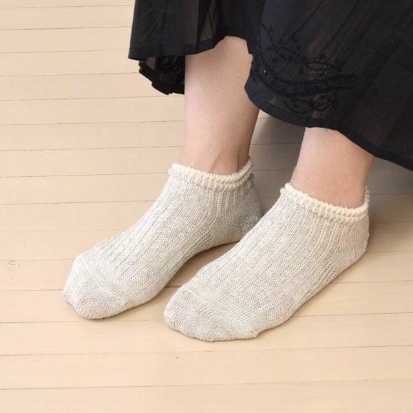 オーガニックコットン＆リネンレイヤーリブアンクル丈ソックス