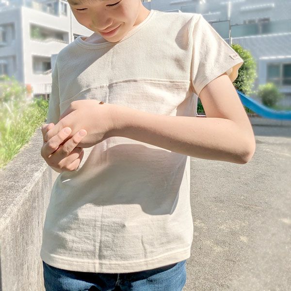 オーガニックコットン キッズワッフル半袖T＆ボーダーロングパンツ