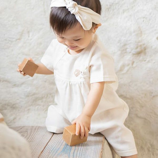 オーガニックコットン ベビー【手編みモチーフ】ガーゼロンパース