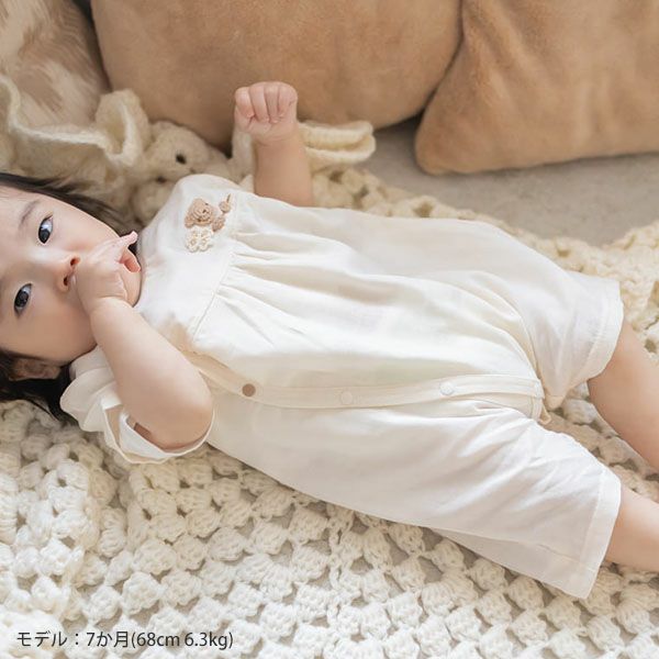 オーガニックコットン ベビー【手編みモチーフ】ガーゼロンパース