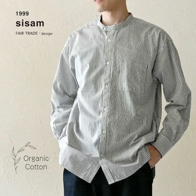 オーガニックコットン メンズ タテシマキチントストラップシャツ（長袖）