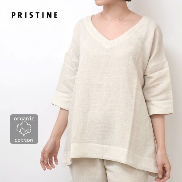 オーガニックコットン＆リネン ダブルガーゼシャツ（8分袖） M