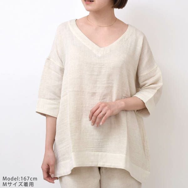 オーガニックコットン＆リネン ダブルガーゼシャツ（8分袖） M