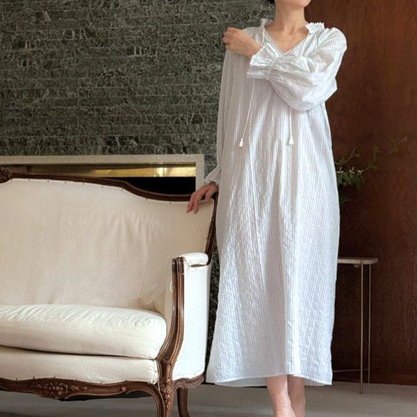 オーガニックコットン ユーカリストライプ タッセルワンピース