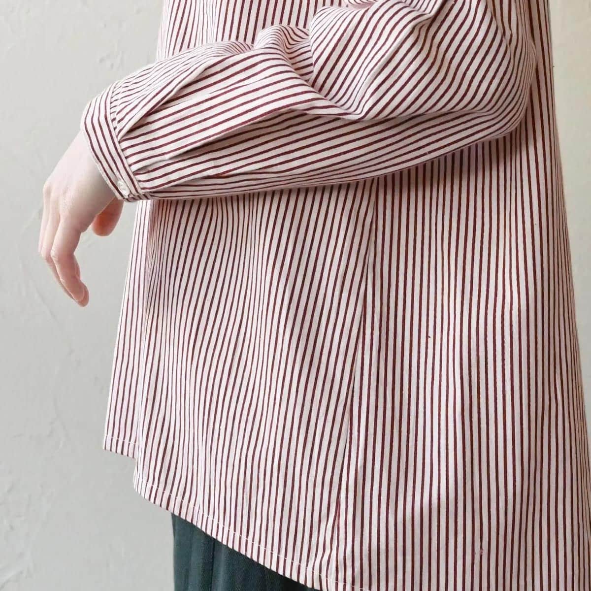 オーガニックコットン タテシマスタンドカラーシャツ