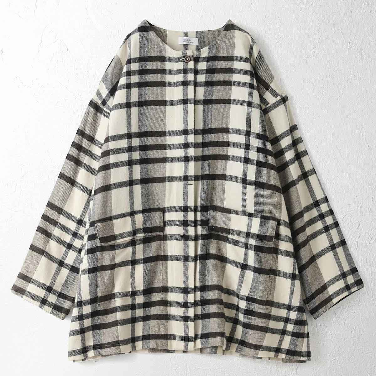 オーガニックコットン チェックフランネルノーカラージャケット