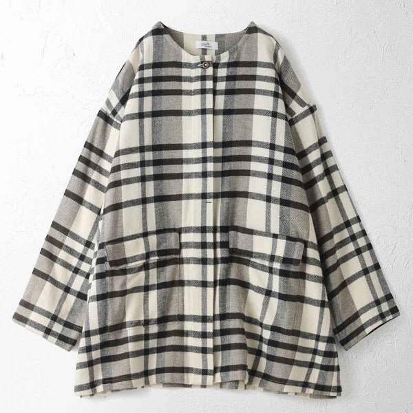 オーガニックコットン チェックフランネルノーカラージャケット