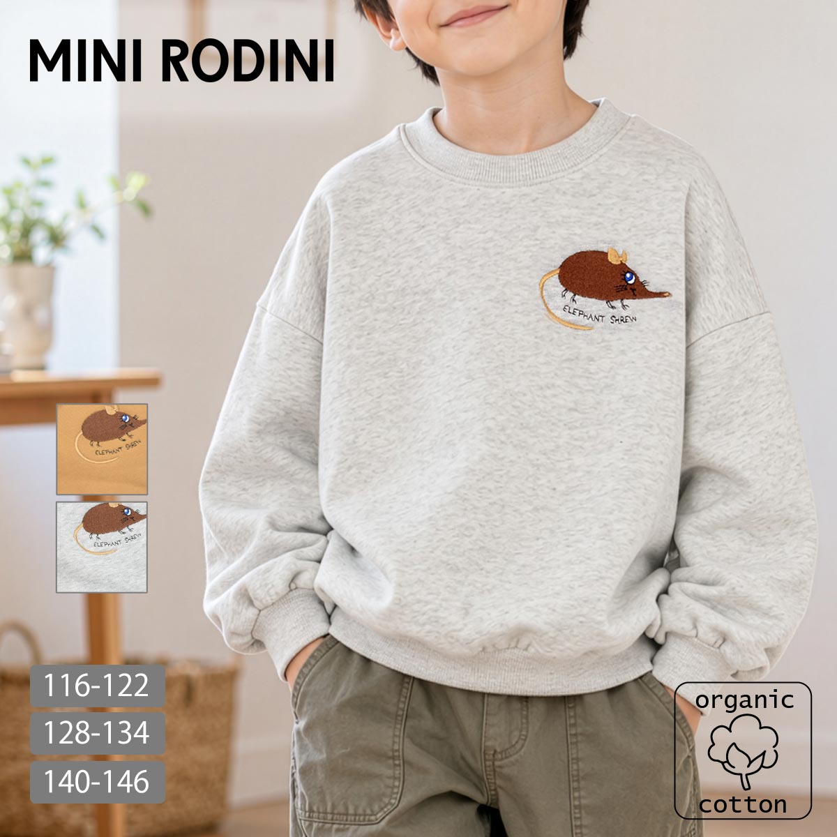 オーガニックコットン キッズ裏起毛スウェットシャツ Elephant shrew